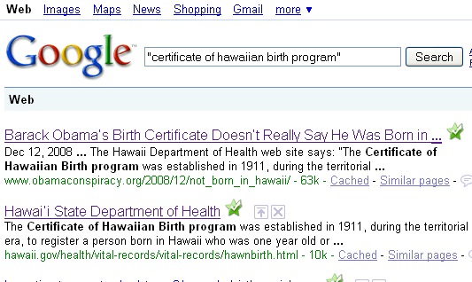 Google results for "certificate of hawaiian birth program"