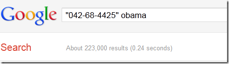 Screenshot of Google search returning 230,000 for Obama name and SSN