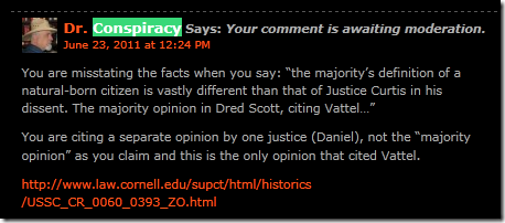 Screenshot from Donorfio blog showing comment held in moderation