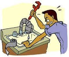 Cartoon showing frustrated man trying to fix a leaky faucet