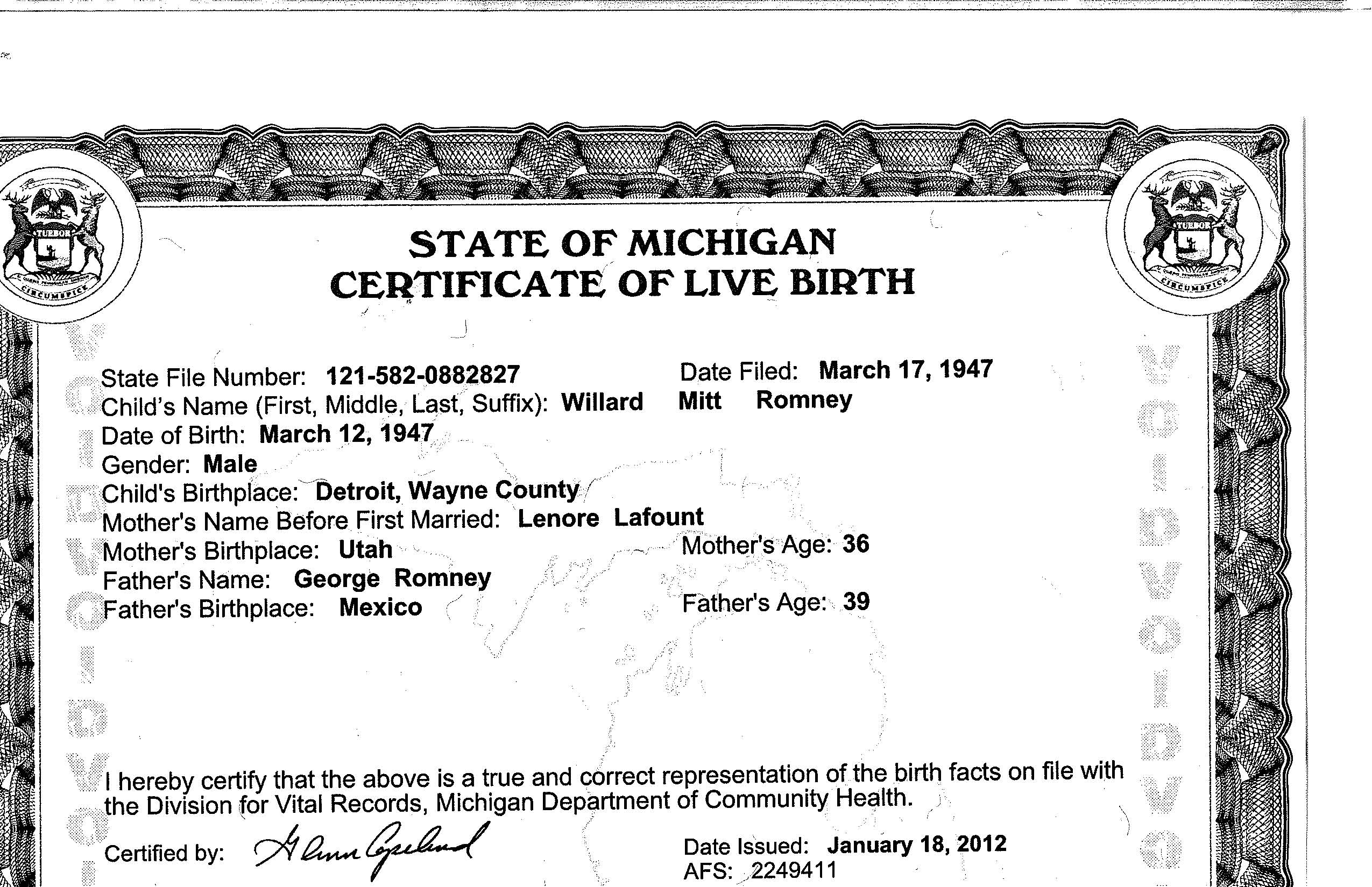 Mitt Romney birth certificate (short form)