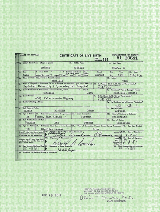Obama original Certificate of Live Birth