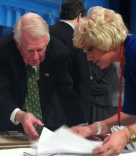 Orly Taitz shows papers to Edwin Meese