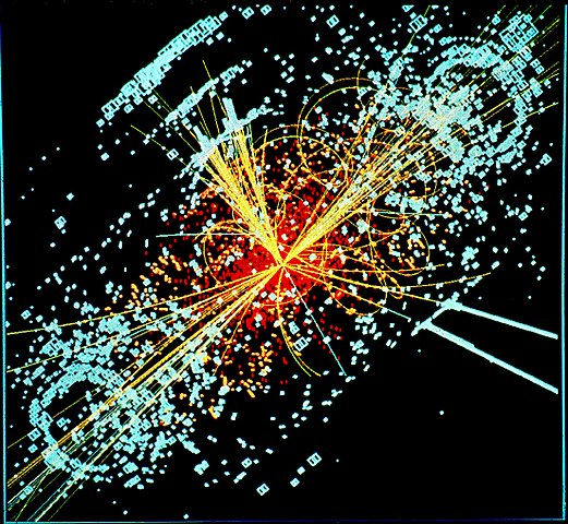 Simulated Larege Hadron Colliger CMS particle detector data depicting a Higgs boson produced by colliding protons decaying into hadron jets and electrons