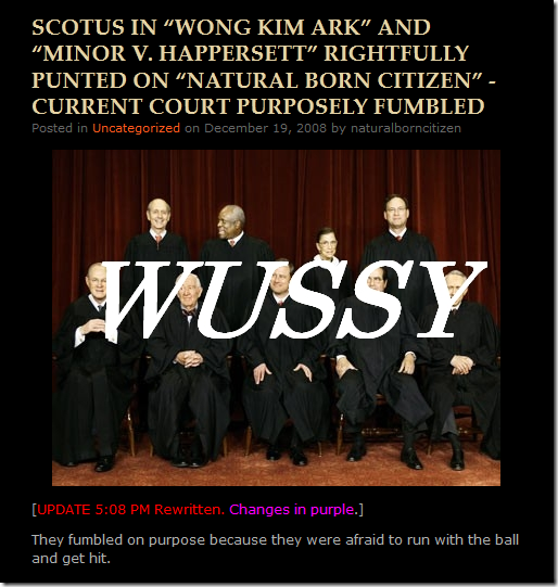 Scotus in "Wong Kim Ark" and "Minor V. Happersett" rightfully punted on "Natural born citizen" - Current Court purposely fumbled