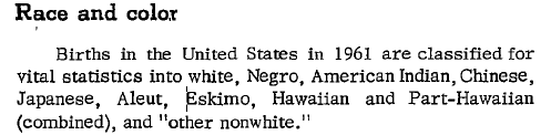 Births in the United States in 1961 are classified for vital statistics into white, Negro, American Indian, Chinese, Japanese, Aleut, Eskimo, Hawaiian and Part-Hawaiian (combined), and "other nonwhite