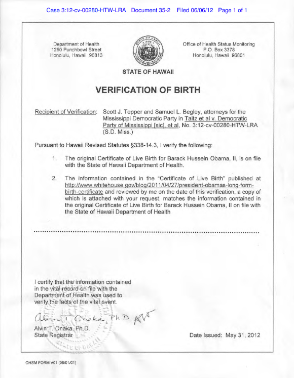 Verification of Birth Mississippi federal court